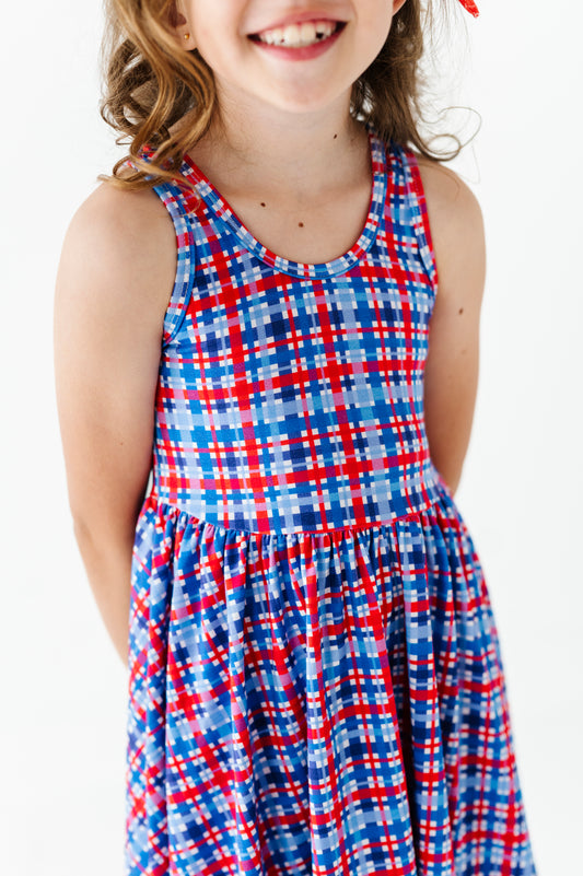 PREORDER Racerback Twirly Dress in Red White and Blue Plaid