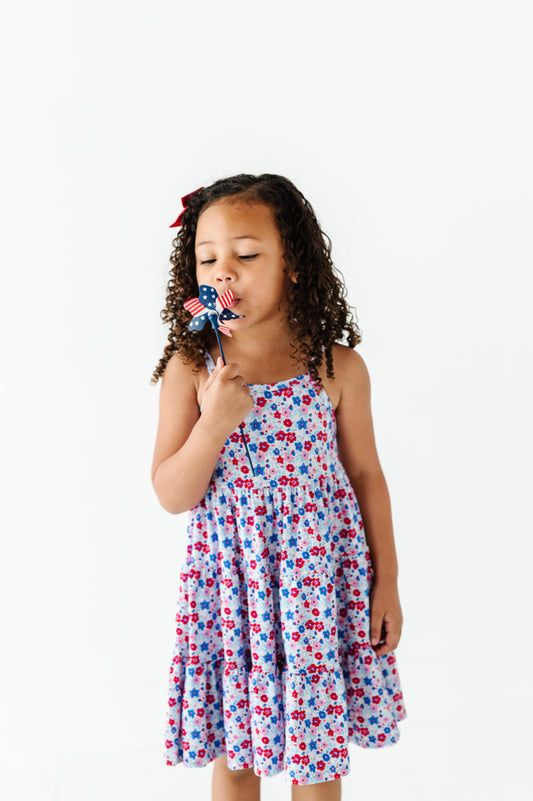 PREORDER Red White and Blue Lily Floral Three Tier Twirly Dress