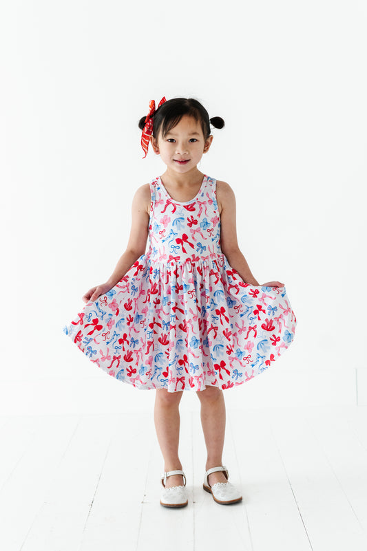 PREORDER Racerback Twirly Dress in Red White and Blue Bows