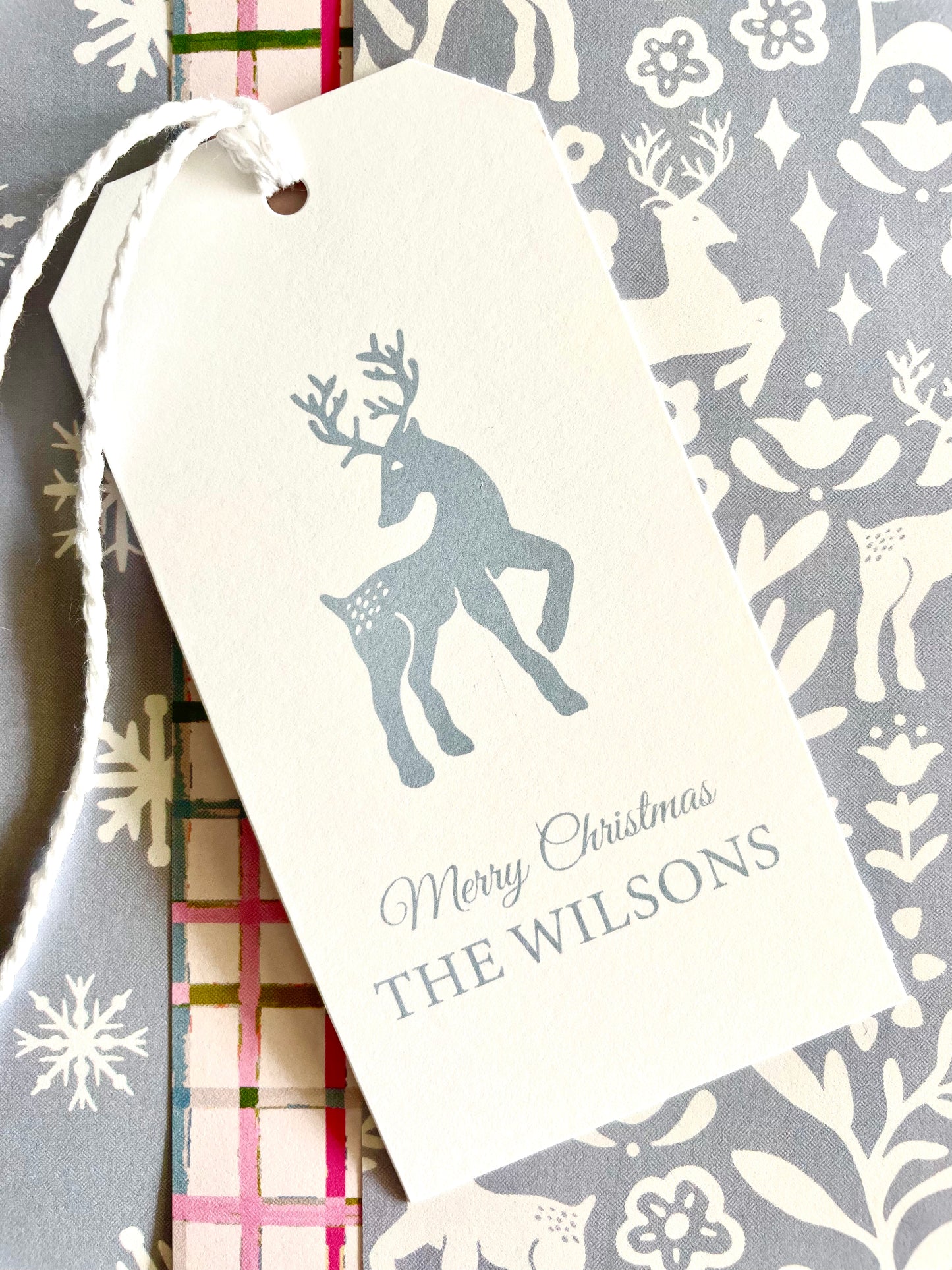 Blue Reindeer Folk Floral Custom Gift Tag