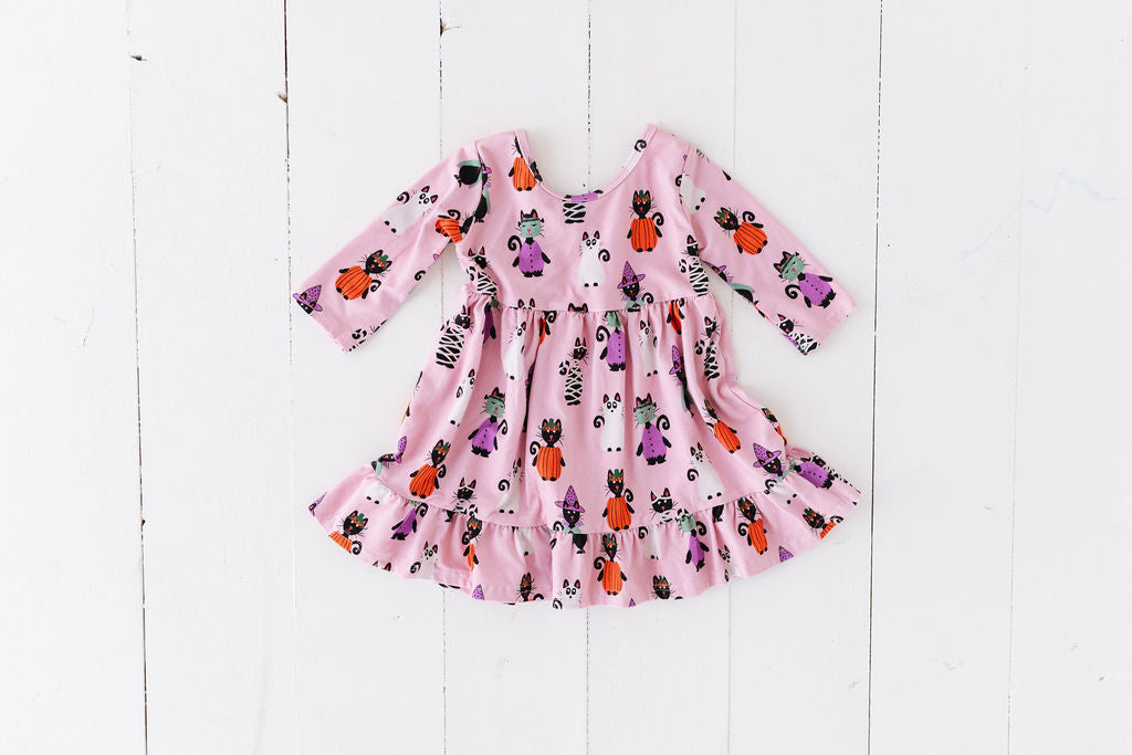 Pink Cats in Costume Three Quarter Sleeve Ruffle Swing Top
