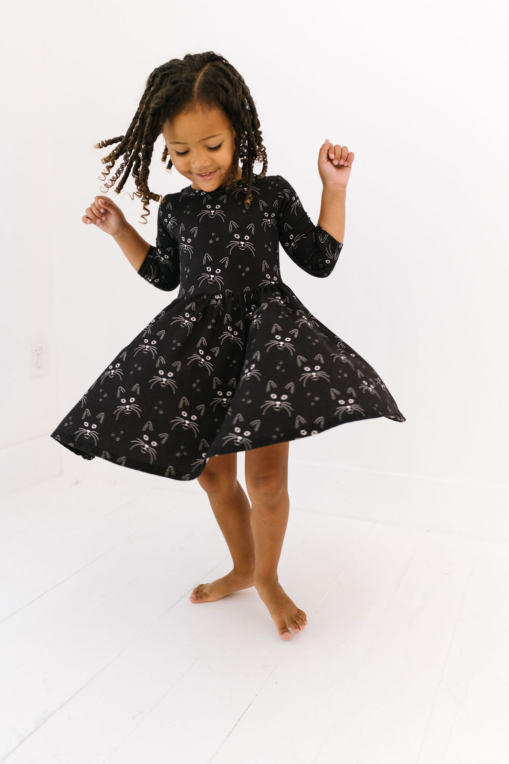 Black Cats Three Quarter Sleeve Twirly Dress