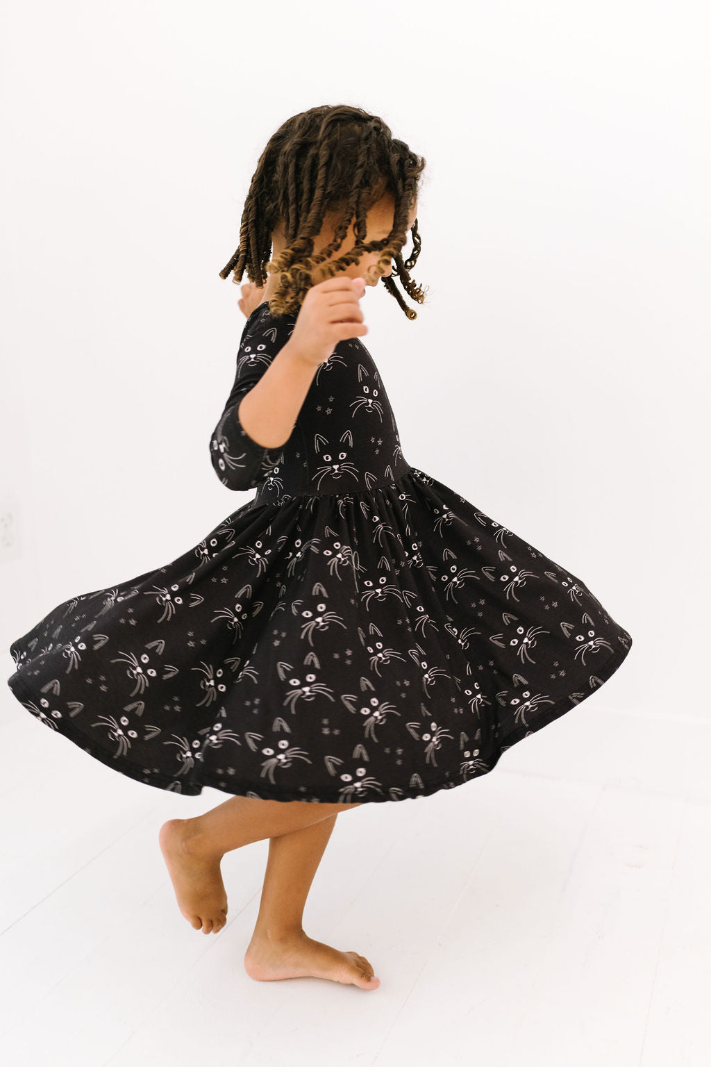 Black Cats Three Quarter Sleeve Twirly Dress