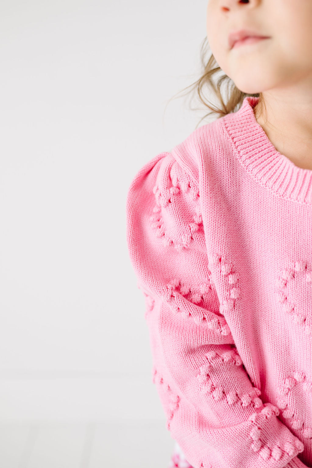 Heart Puff Sleeve Cotton Pullover Sweater in Pink