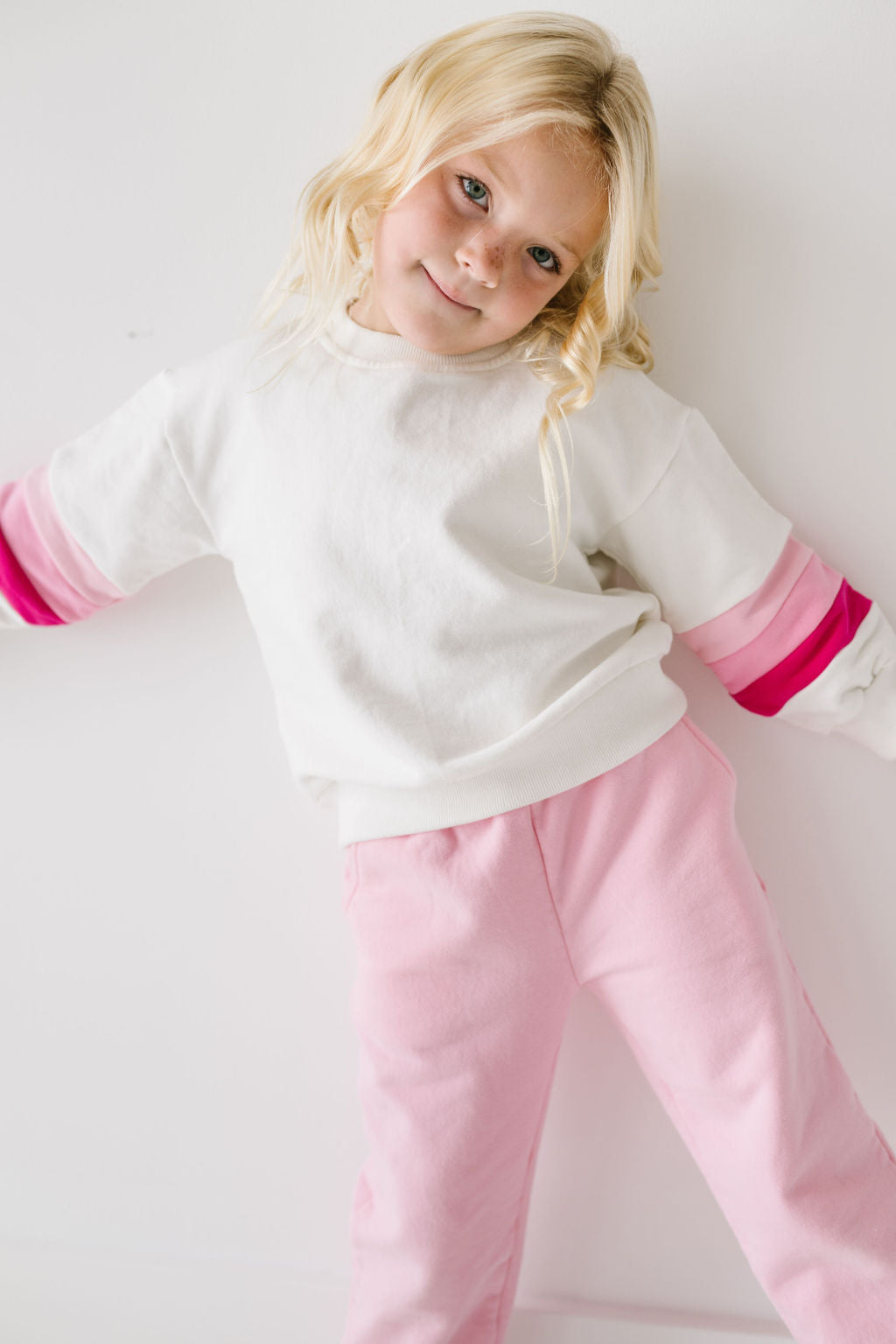 PREORDER Pink Stripe Sleeve Cotton Fleece Pullover