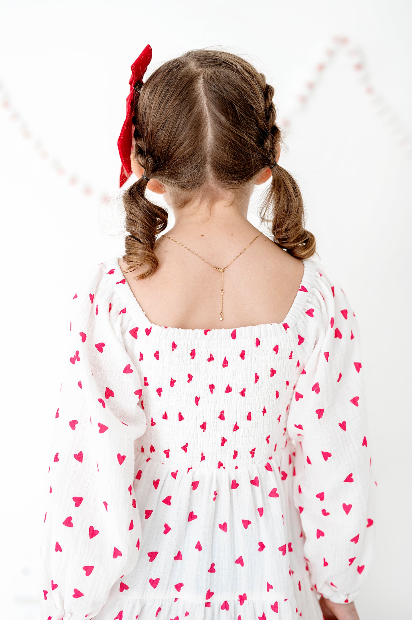Tiered Long Sleeve Midi Dress in Red and White Hearts