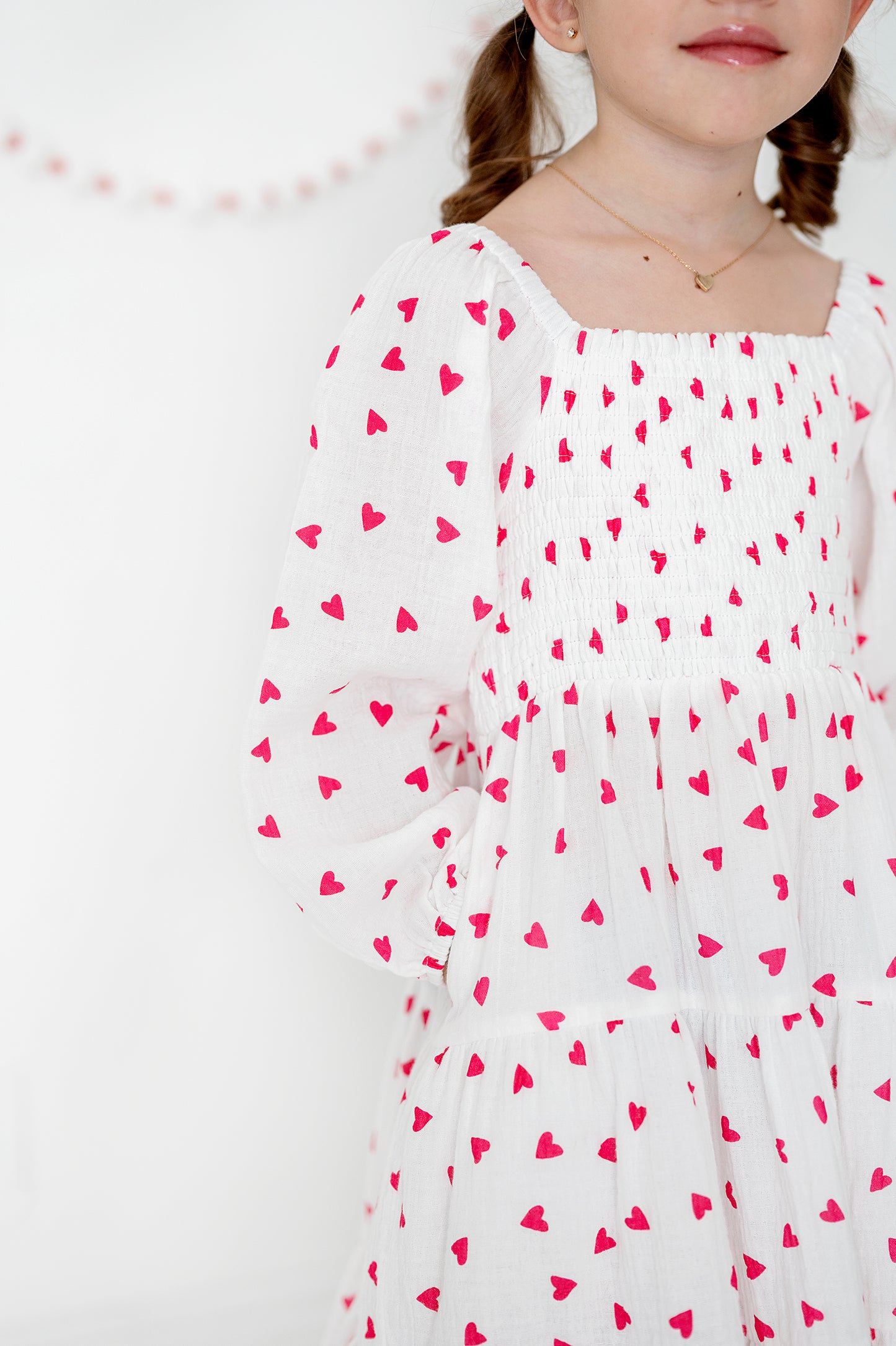 Tiered Long Sleeve Midi Dress in Red and White Hearts
