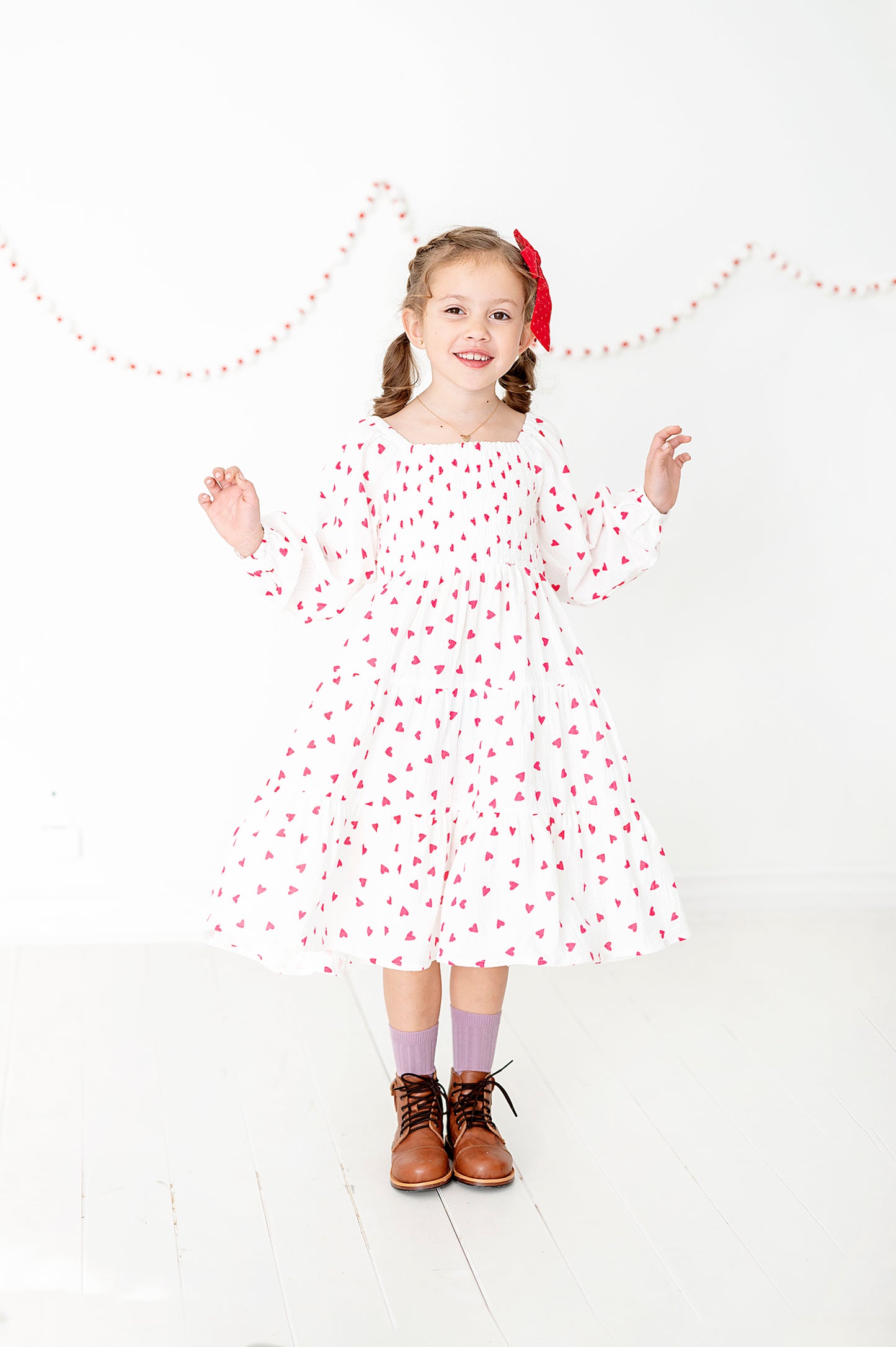 Tiered Long Sleeve Midi Dress in Red and White Hearts