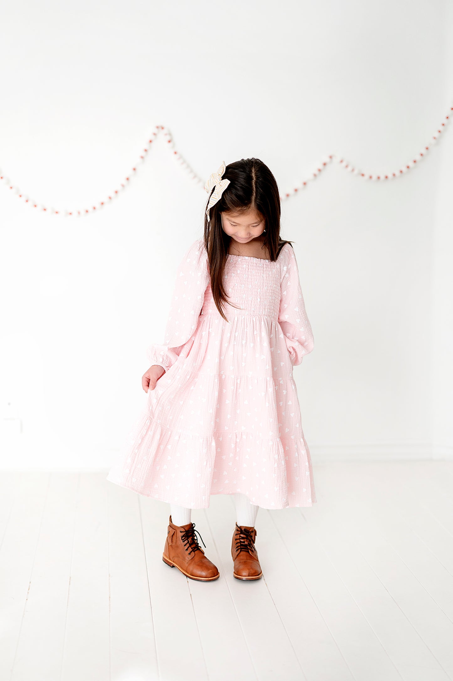 Tiered Long Sleeve Midi Dress in Pink and White Hearts