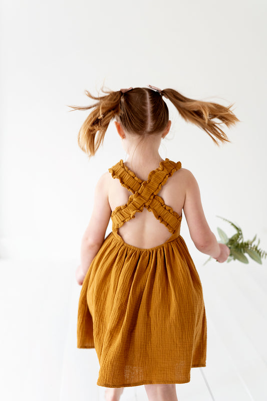 Cross Back Twirly Dress in Cashew