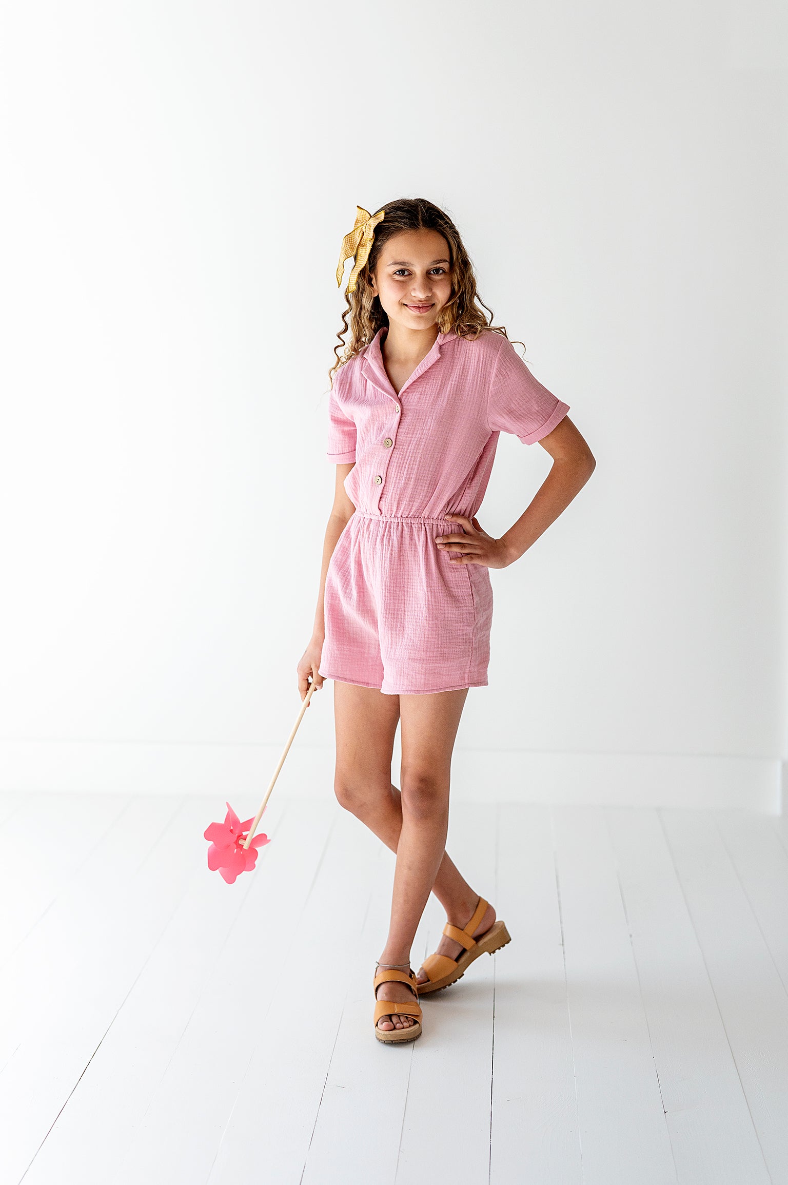 Cotton Gauze Short Sleeve Romper in Pink Nectar