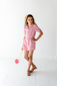 Cotton Gauze Short Sleeve Romper in Pink Nectar