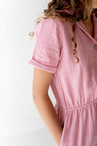 Cotton Gauze Short Sleeve Romper in Pink Nectar