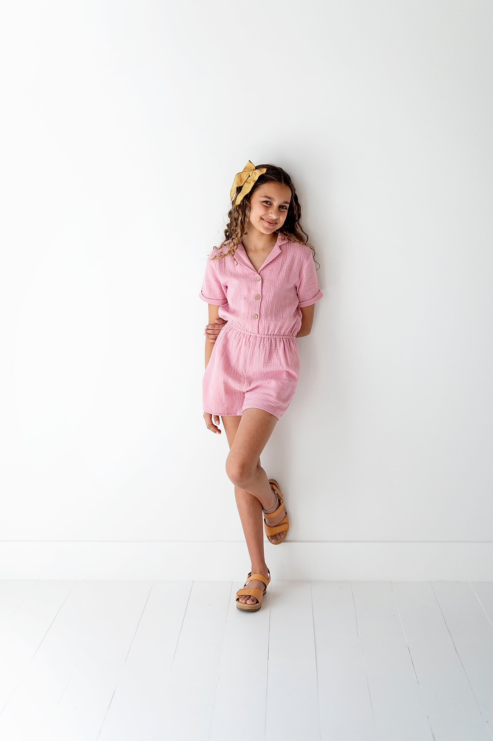 Cotton Gauze Short Sleeve Romper in Pink Nectar