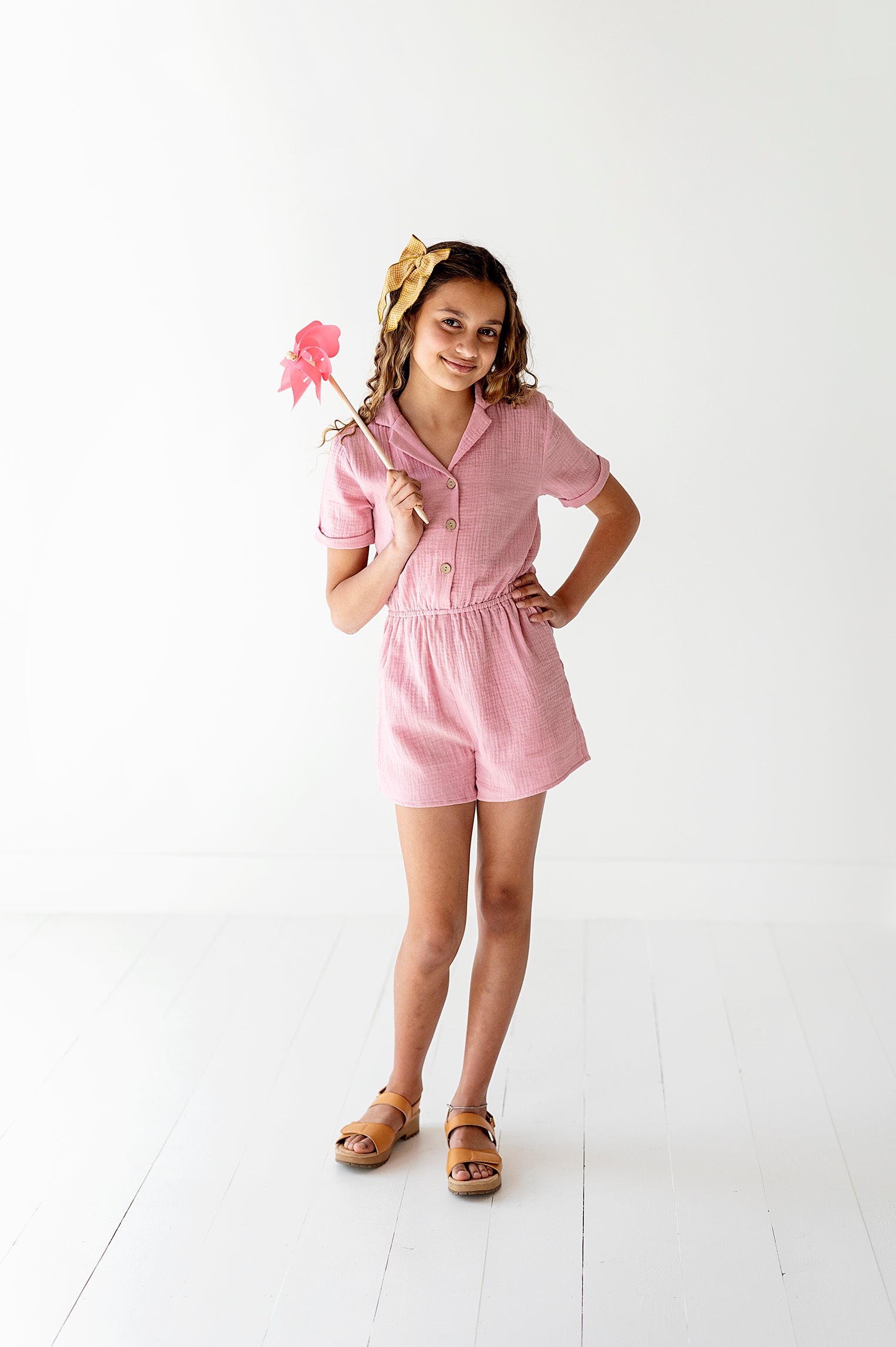 Cotton Gauze Short Sleeve Romper in Pink Nectar