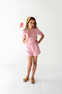 Cotton Gauze Short Sleeve Romper in Pink Nectar
