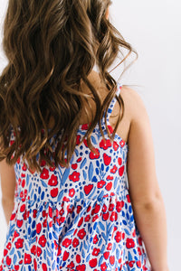 Ophelia Red White and Blue Floral Three Tier Twirly Dress
