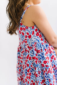 Ophelia Red White and Blue Floral Three Tier Twirly Dress