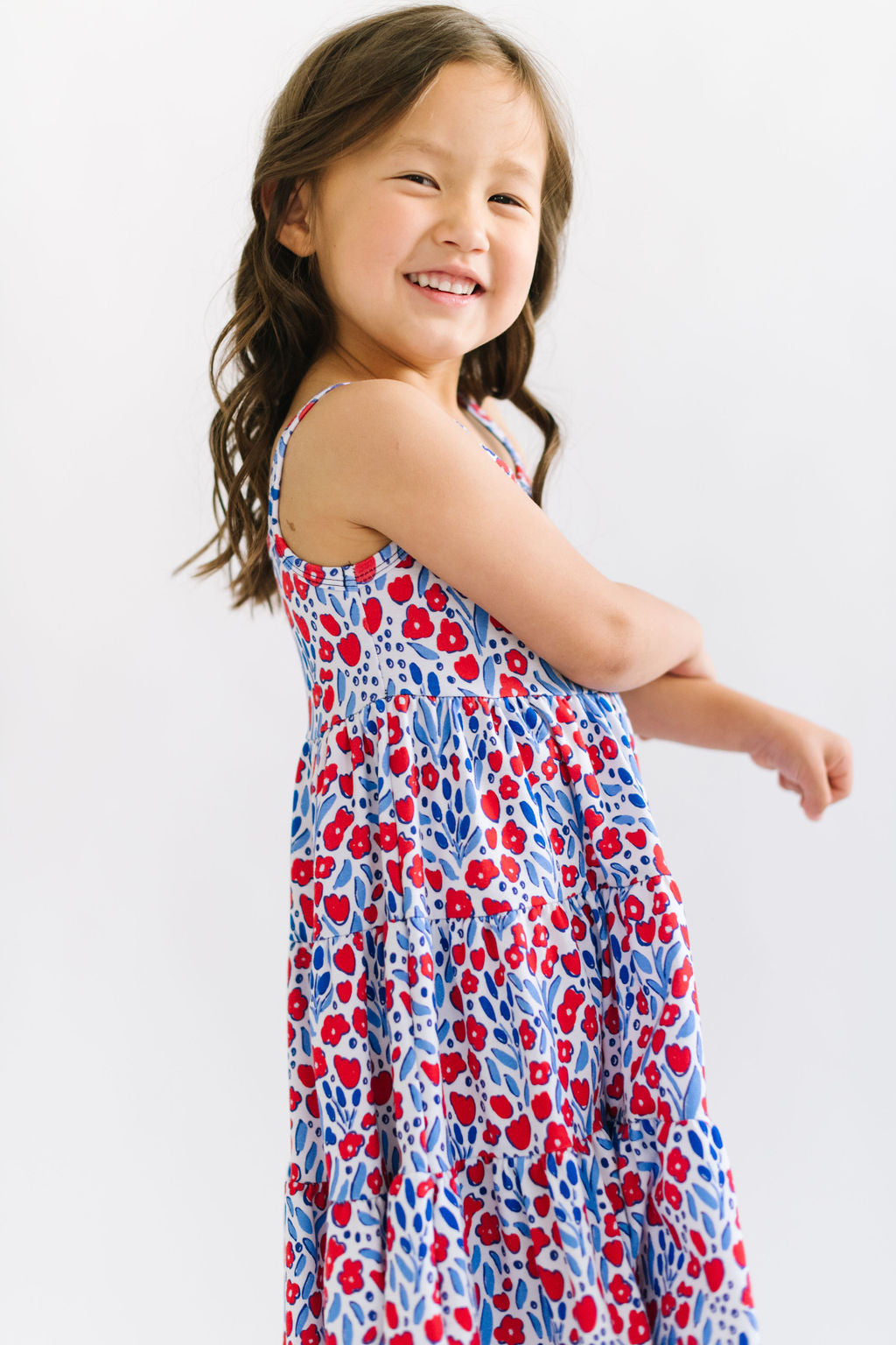 Ophelia Red White and Blue Floral Three Tier Twirly Dress