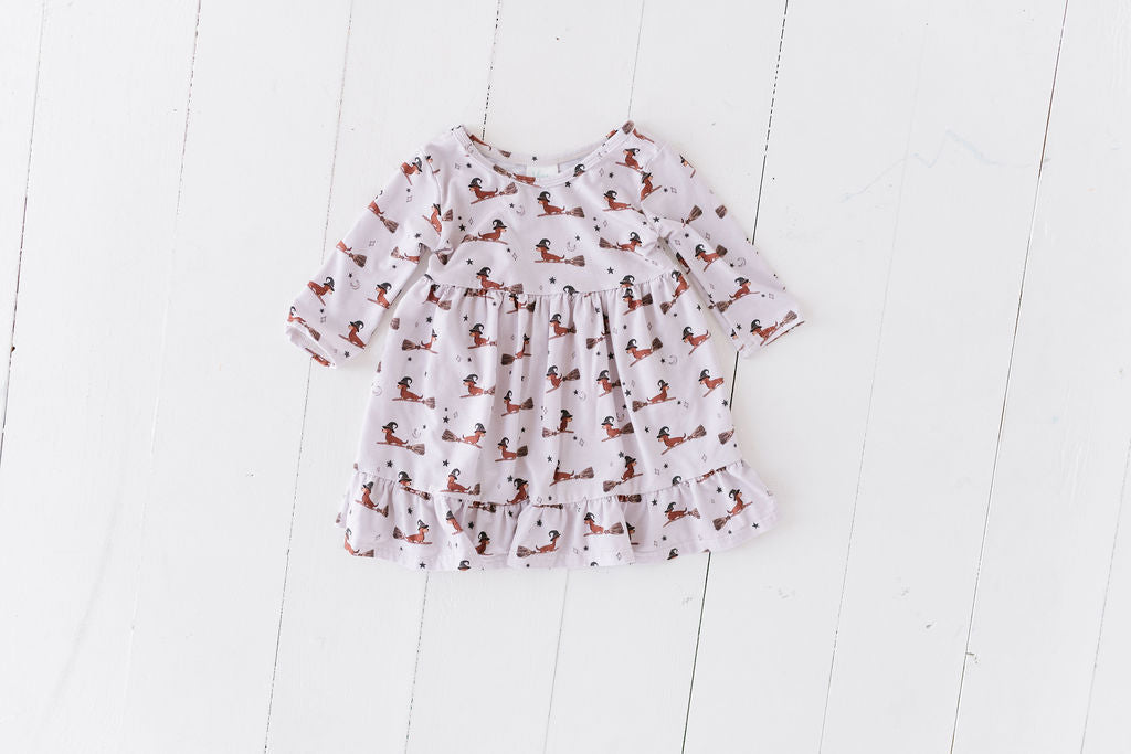 Flying Dachshunds Three Quarter Sleeve Ruffle Swing Top