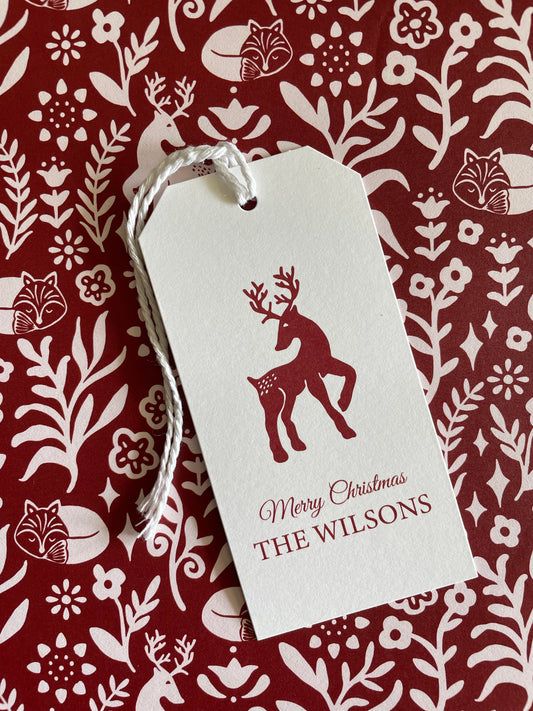 Red Reindeer Folk Floral Snowman Gift Tag