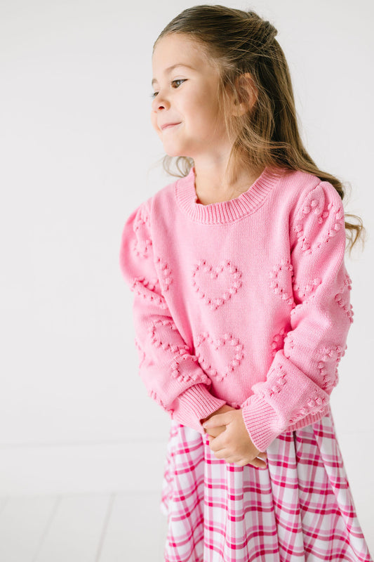 Heart Puff Sleeve Cotton Pullover Sweater in Pink