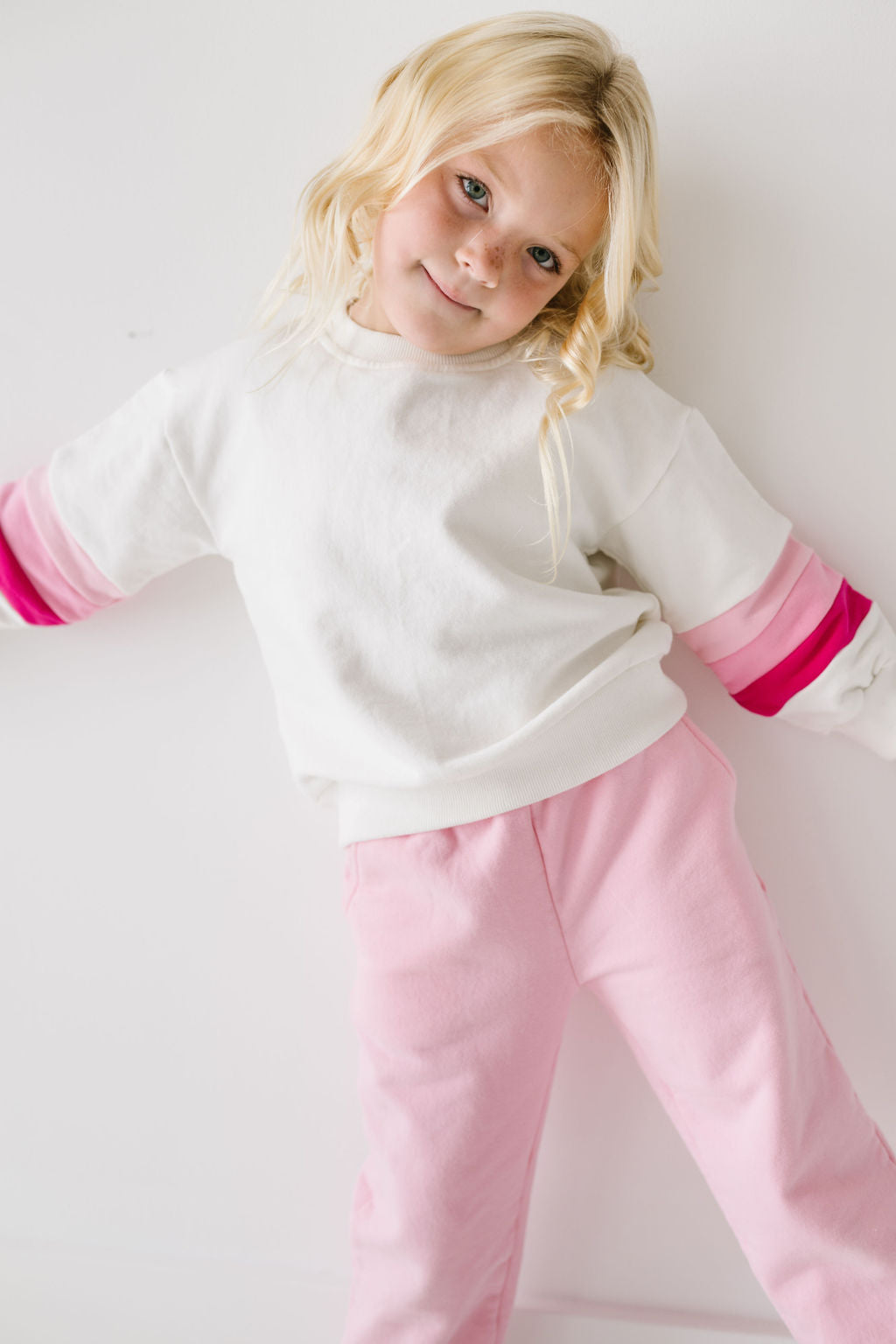 Pink Stripe Sleeve Cotton Fleece Pullover