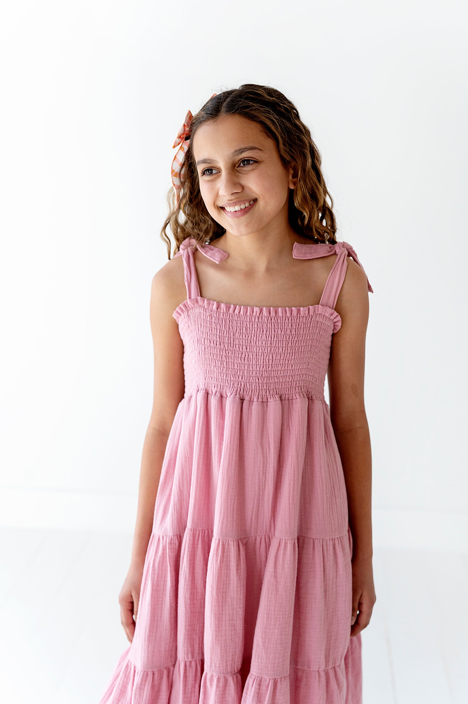 Tiered Tie Strap Midi Dress in Pink Nectar