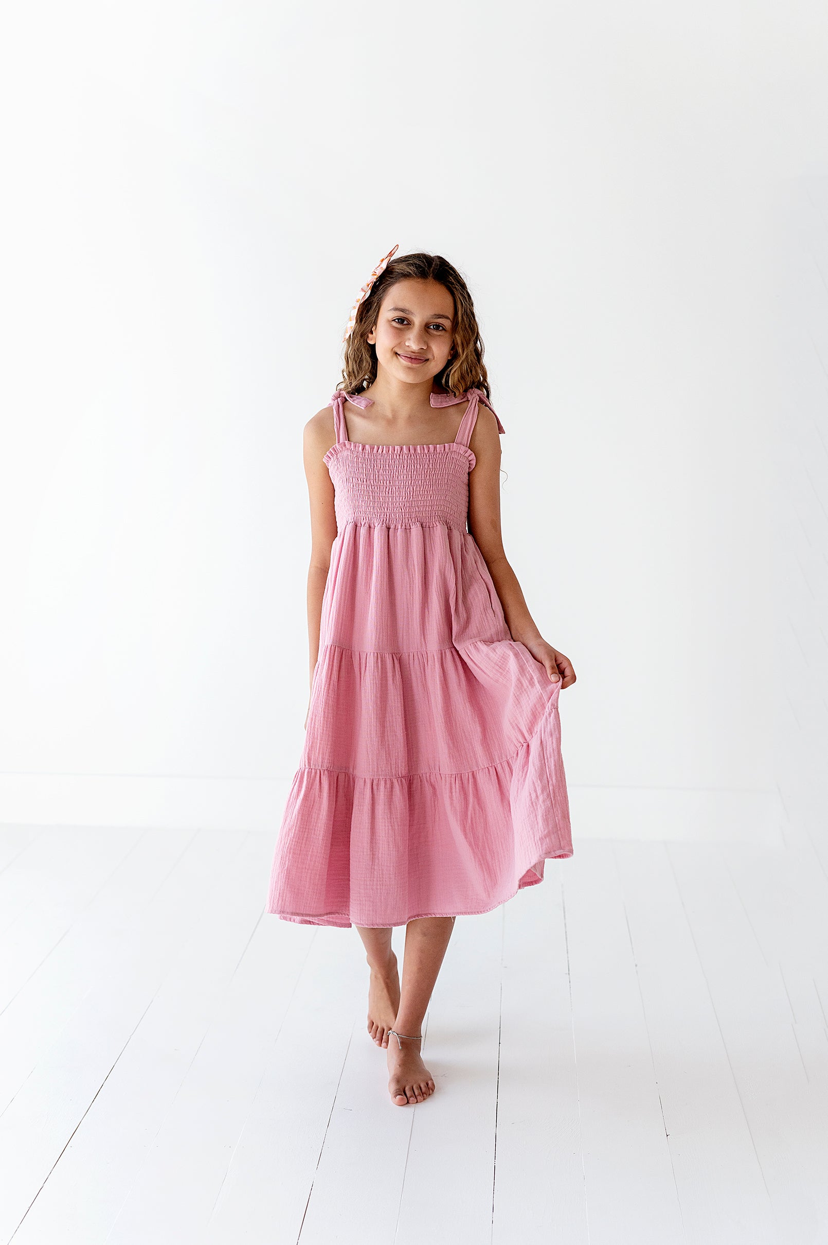Tiered Tie Strap Midi Dress in Pink Nectar