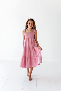 Tiered Tie Strap Midi Dress in Pink Nectar