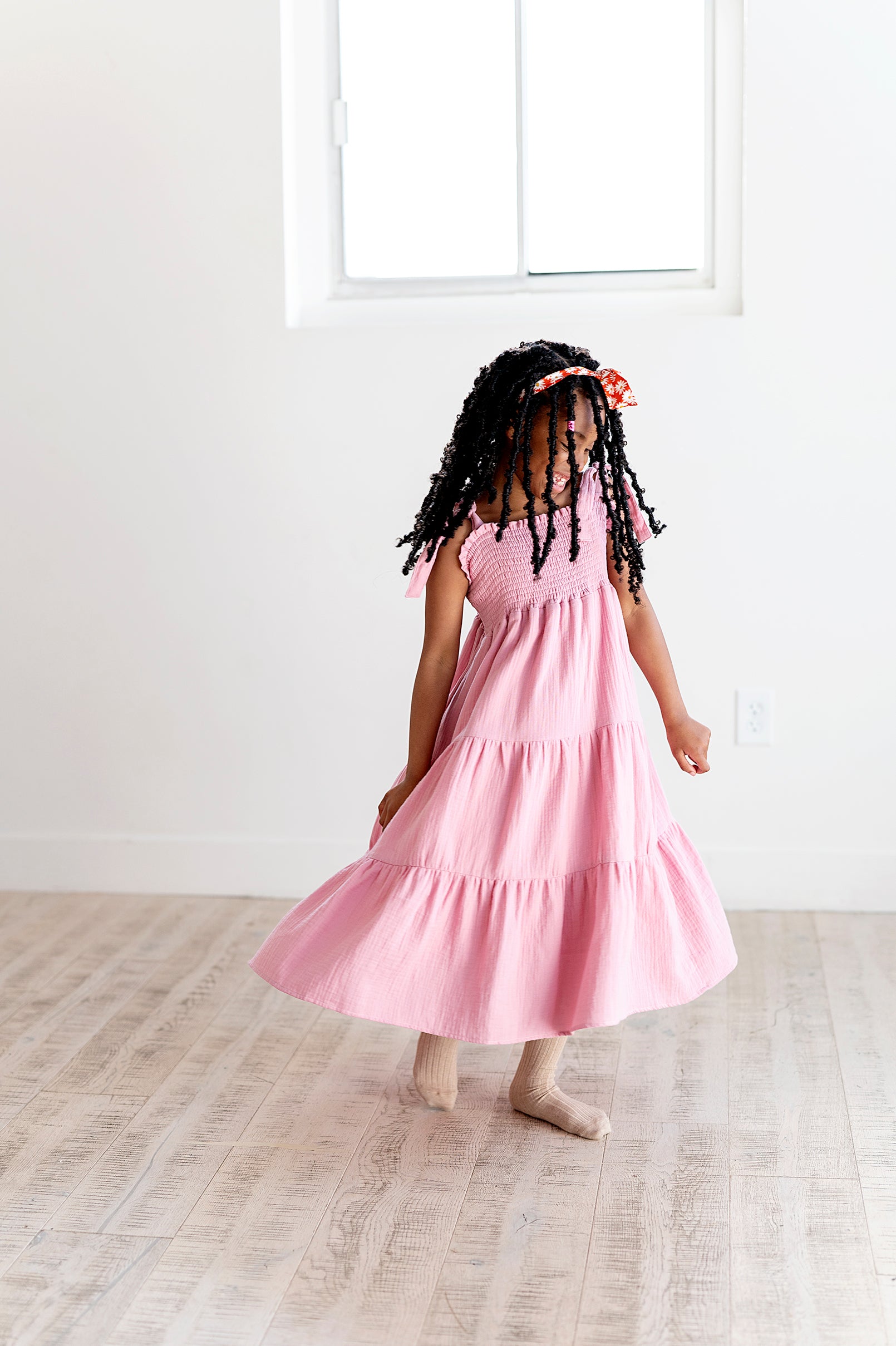 Tiered Tie Strap Midi Dress in Pink Nectar