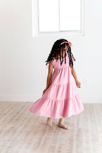 Tiered Tie Strap Midi Dress in Pink Nectar