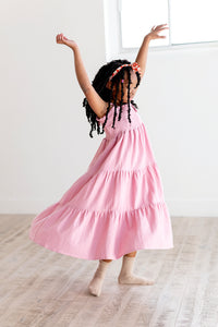 Tiered Tie Strap Midi Dress in Pink Nectar