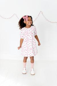 Short Button Sleeve Dress in Red and White Hearts