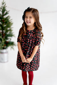Short Button Sleeve Dress in Black Ditsy Floral