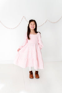 Tiered Long Sleeve Midi Dress in Pink and White Hearts