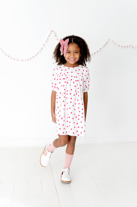 Short Button Sleeve Dress in Red and White Hearts