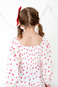 Tiered Long Sleeve Midi Dress in Red and White Hearts