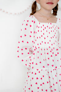Tiered Long Sleeve Midi Dress in Red and White Hearts