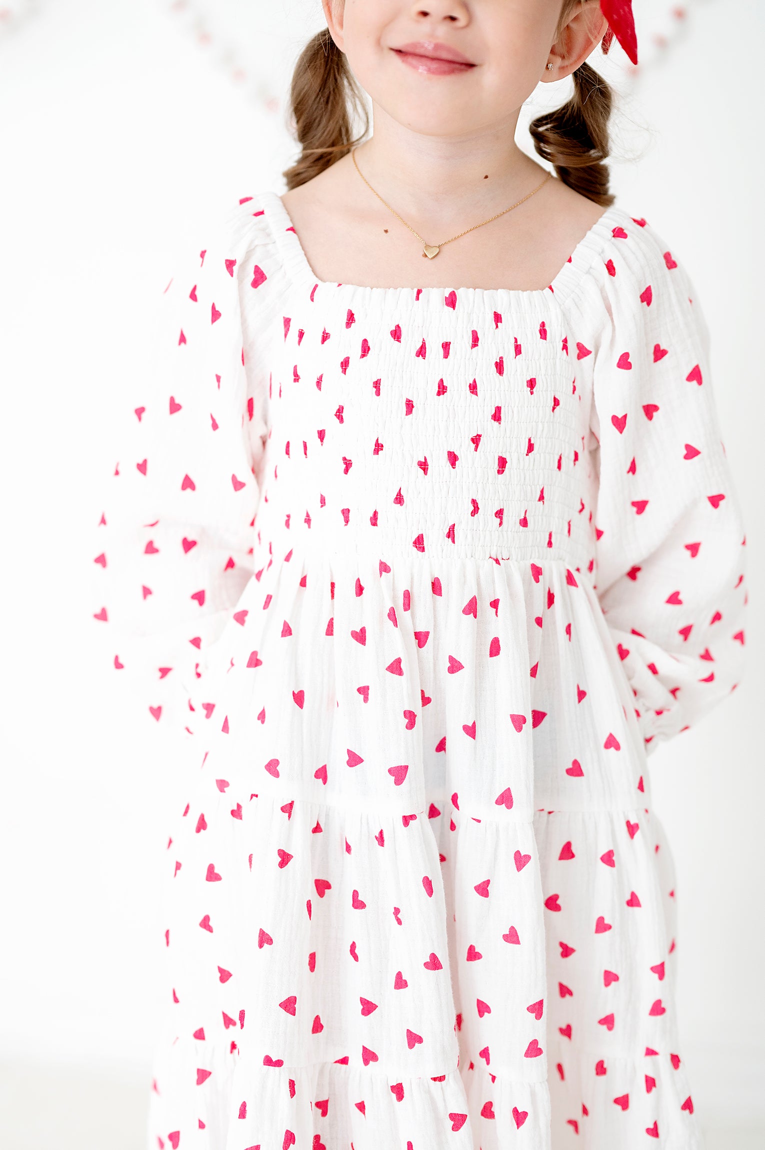 Tiered Long Sleeve Midi Dress in Red and White Hearts