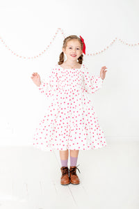 Tiered Long Sleeve Midi Dress in Red and White Hearts