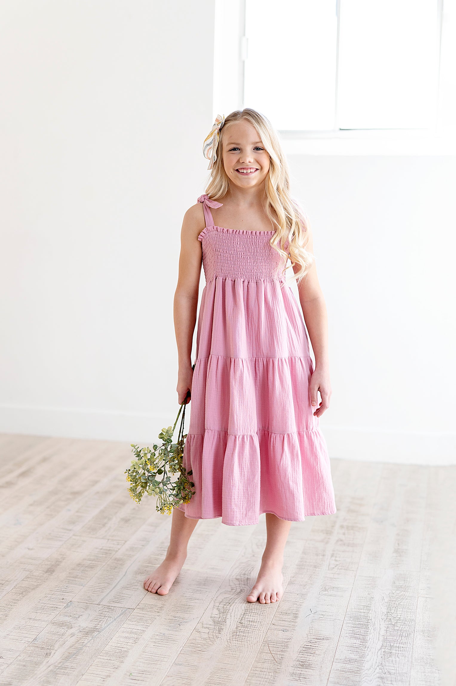 Tiered Tie Strap Midi Dress in Pink Nectar