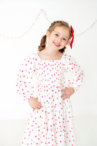 Tiered Long Sleeve Midi Dress in Red and White Hearts