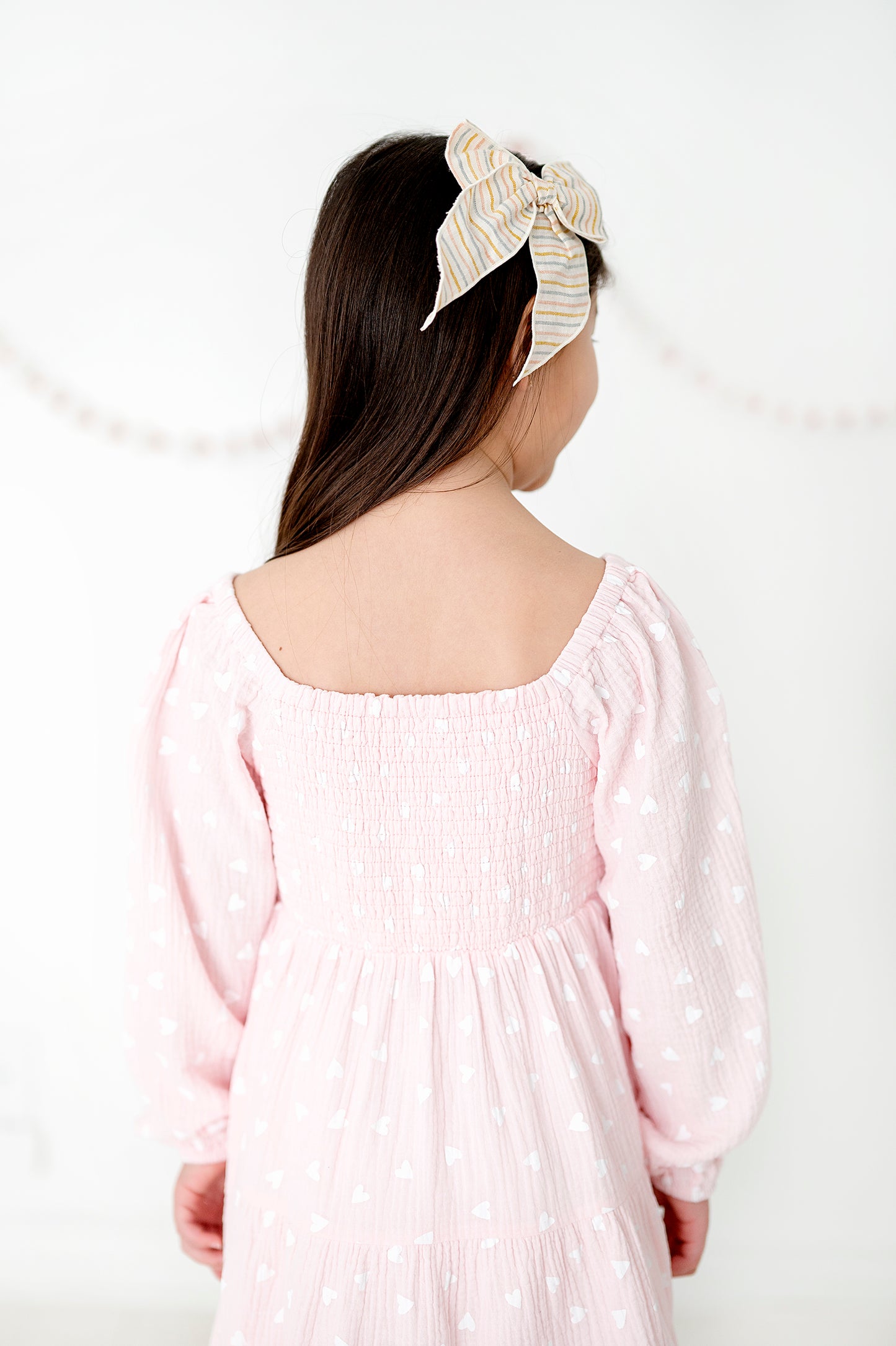 Tiered Long Sleeve Midi Dress in Pink and White Hearts