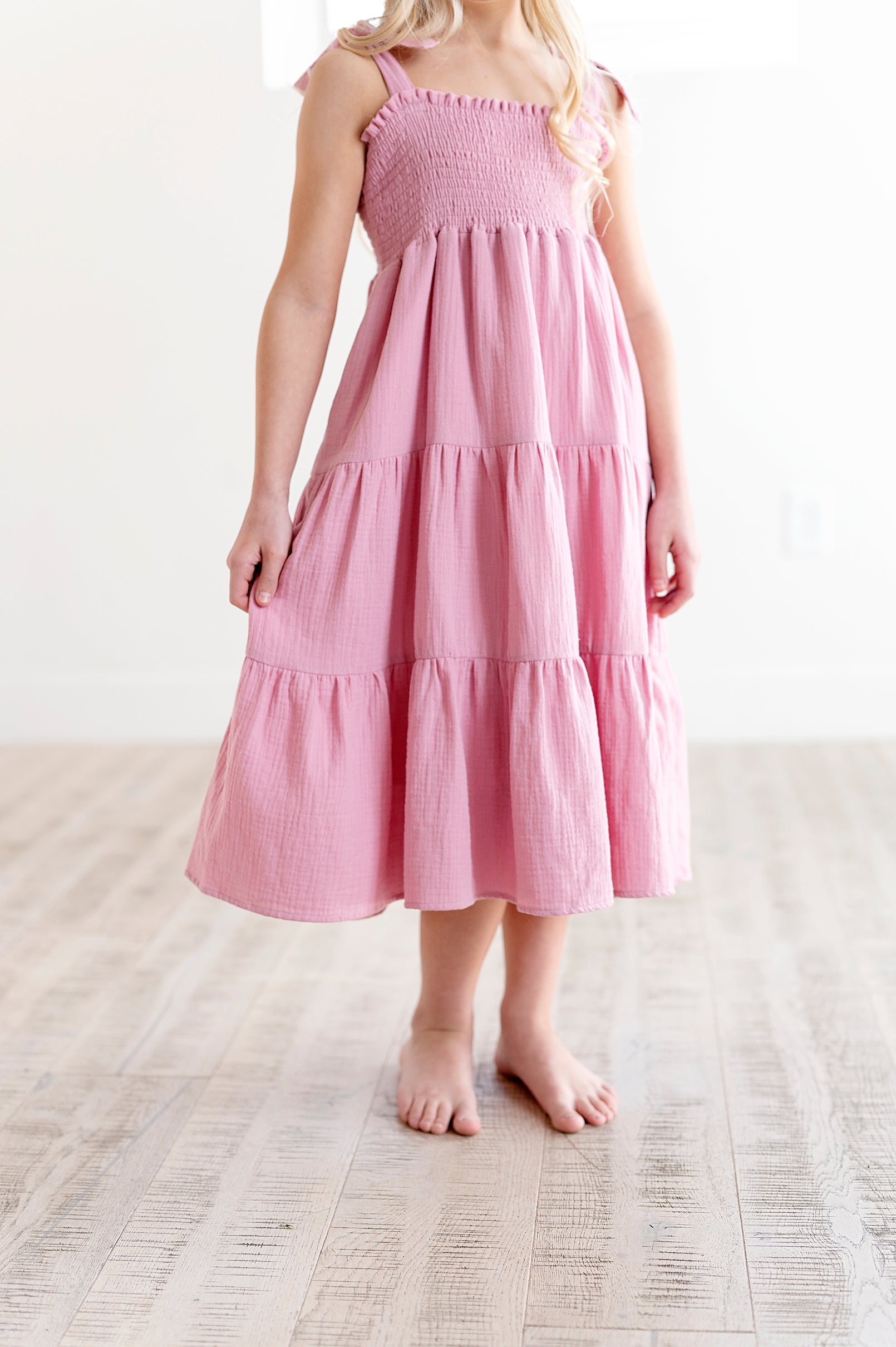 Tiered Tie Strap Midi Dress in Pink Nectar