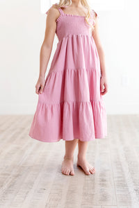 Tiered Tie Strap Midi Dress in Pink Nectar