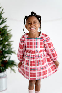 Empire Waist Long Sleeve Dress in Crimson Plaid