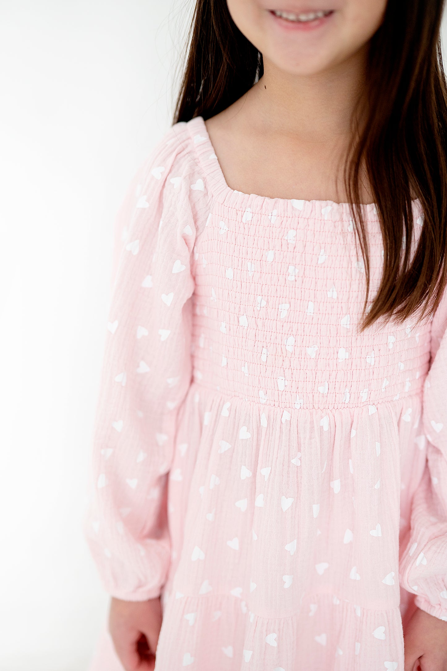 Tiered Long Sleeve Midi Dress in Pink and White Hearts