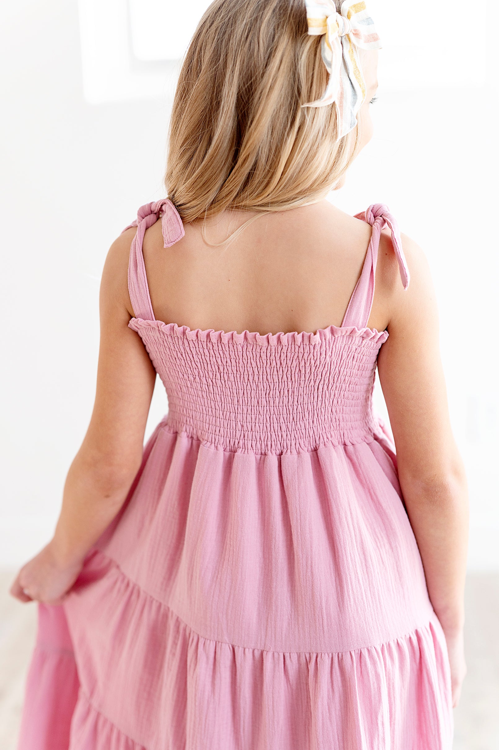 Tiered Tie Strap Midi Dress in Pink Nectar