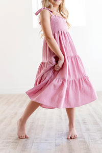 Tiered Tie Strap Midi Dress in Pink Nectar